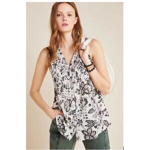 Bailee Pleated Top by Maeve in Black & White Motif from Anthropologie-Size Small